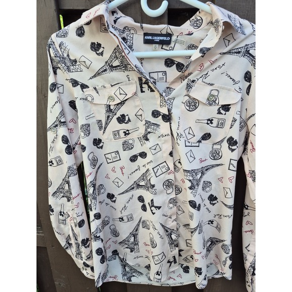 Karl Lagerfeld Tops - Karl Lagerfeld Blouse Pink Love From Paris Eiffel Tower Size XS EUC